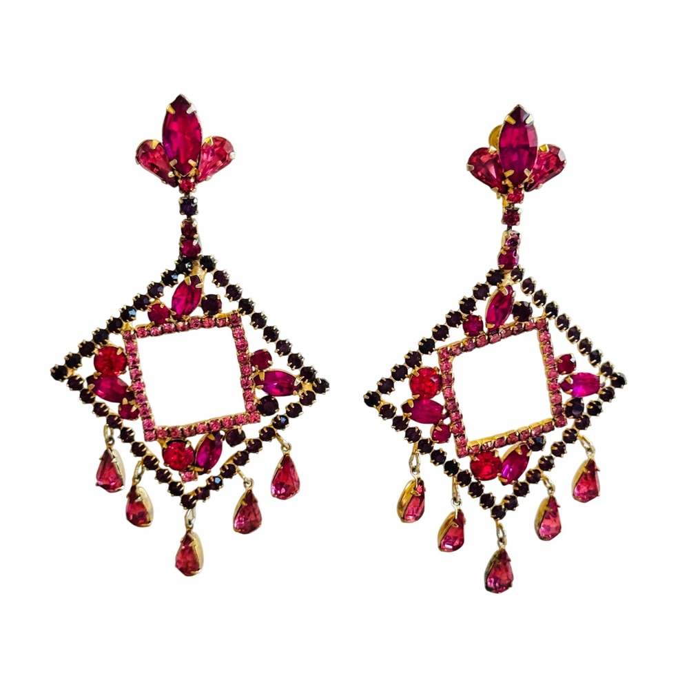 VTG Weiss Pink Clip Earrings Dangle Statement Crystal Rhinestone Fuchsia 50s 4"